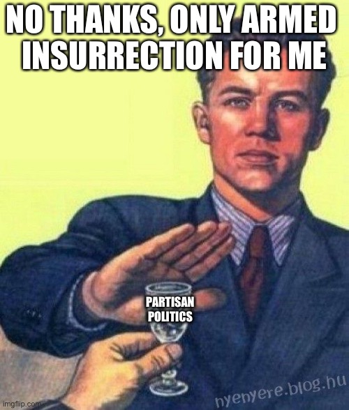 no thanks I rather | NO THANKS, ONLY ARMED 
INSURRECTION FOR ME; PARTISAN POLITICS | image tagged in no thanks i rather | made w/ Imgflip meme maker