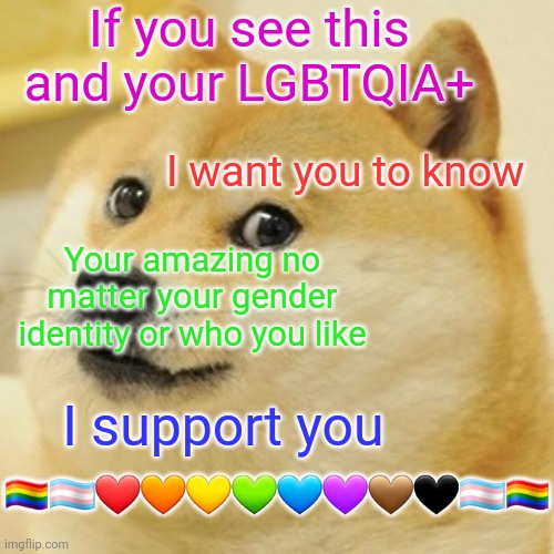 I SUPPORT |  If you see this and your LGBTQIA+; I want you to know; Your amazing no matter your gender identity or who you like; I support you; 🏳️‍🌈🏳️‍⚧️❤🧡💛💚💙💜🤎🖤🏳️‍⚧️🏳️‍🌈 | image tagged in memes,doge | made w/ Imgflip meme maker