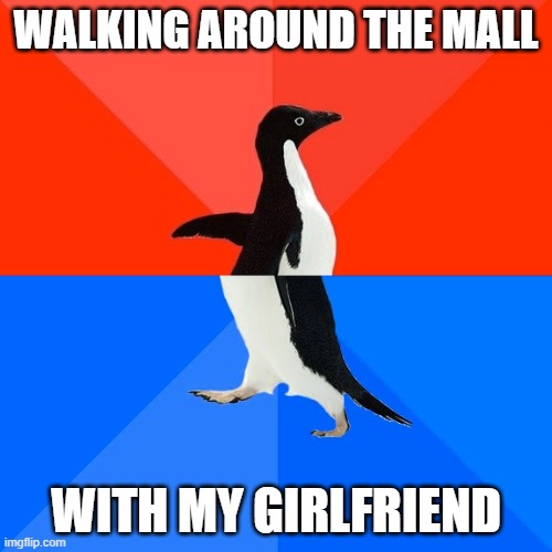 zig zag shopping | WALKING AROUND THE MALL; WITH MY GIRLFRIEND | image tagged in memes,socially awesome awkward penguin | made w/ Imgflip meme maker