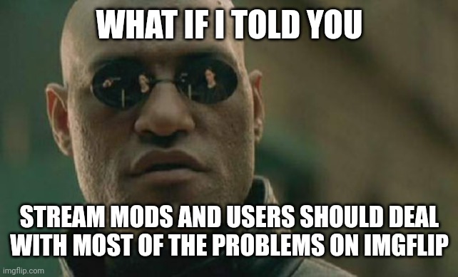 Matrix Morpheus Meme | WHAT IF I TOLD YOU STREAM MODS AND USERS SHOULD DEAL WITH MOST OF THE PROBLEMS ON IMGFLIP | image tagged in memes,matrix morpheus | made w/ Imgflip meme maker
