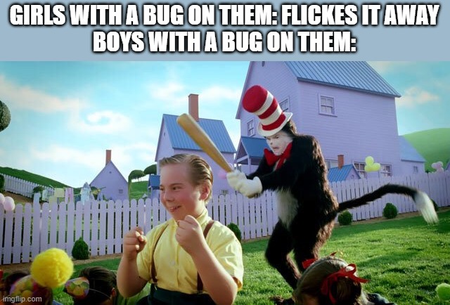 Cat & The Hat | GIRLS WITH A BUG ON THEM: FLICKES IT AWAY
BOYS WITH A BUG ON THEM: | image tagged in cat the hat | made w/ Imgflip meme maker