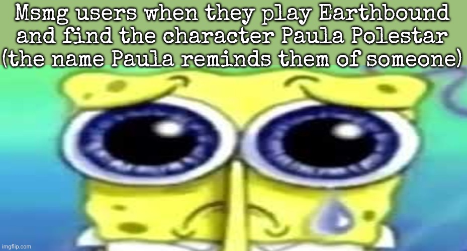 Sad Spong | Msmg users when they play Earthbound and find the character Paula Polestar (the name Paula reminds them of someone) | image tagged in sad spong | made w/ Imgflip meme maker