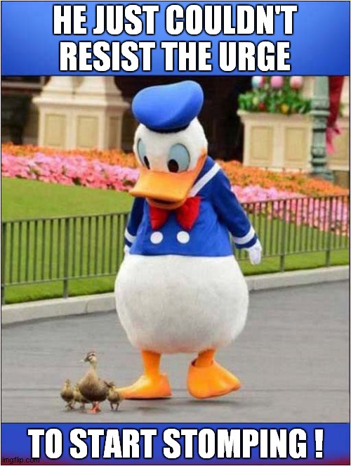 Evil Donald Duck ! | HE JUST COULDN'T RESIST THE URGE; TO START STOMPING ! | image tagged in donald duck,stomping,dark humour | made w/ Imgflip meme maker
