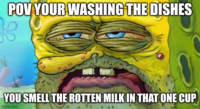 Gross | POV YOUR WASHING THE DISHES; YOU SMELL THE ROTTEN MILK IN THAT ONE CUP | image tagged in grossed out spongebob | made w/ Imgflip meme maker