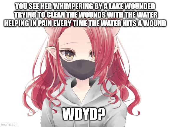 Check tags for rules |  YOU SEE HER WHIMPERING BY A LAKE WOUNDED  TRYING TO CLEAN THE WOUNDS WITH THE WATER HELPING IN PAIN EVERY TIME THE WATER HITS A WOUND; WDYD? | image tagged in romance allowed,no joke,no killing her | made w/ Imgflip meme maker