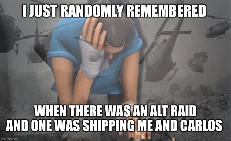 Bruh idfk why but this just randomly hit me | I JUST RANDOMLY REMEMBERED; WHEN THERE WAS AN ALT RAID AND ONE WAS SHIPPING ME AND CARLOS | image tagged in scout has ptsd | made w/ Imgflip meme maker