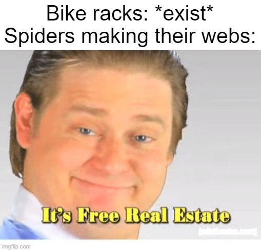 Haha webs go brrr |  Bike racks: *exist*
Spiders making their webs: | image tagged in it's free real estate,bicycle,spiders,annoyances,life sucks,memes | made w/ Imgflip meme maker