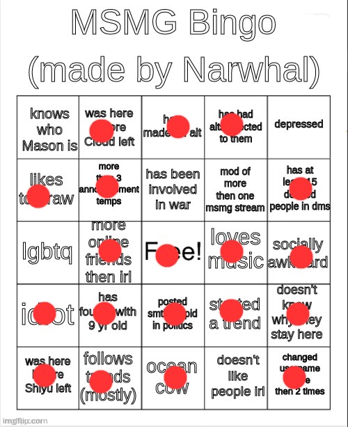 msmg bingo | image tagged in msmg bingo | made w/ Imgflip meme maker