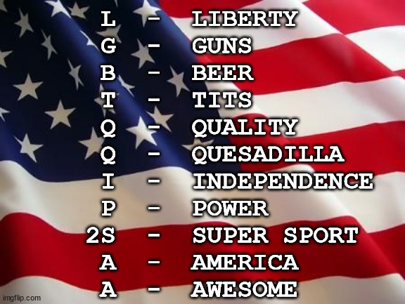 Merica Version of LGBTQQIP2SAA | L  -  LIBERTY     
     G  -  GUNS        
     B  -  BEER        
     T  -  TITS        
     Q  -  QUALITY     
     Q  -  QUESADILLA  
     I  -  INDEPENDENCE
     P  -  POWER       
     2S  -  SUPER SPORT  
     A  -  AMERICA     
     A  -  AWESOME | image tagged in american flag | made w/ Imgflip meme maker