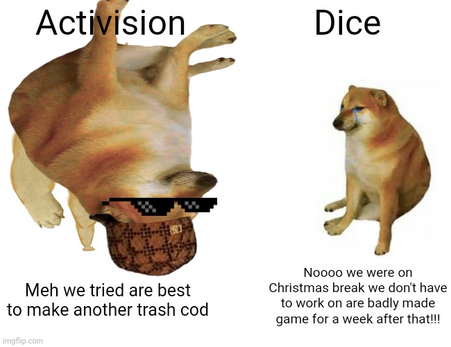 Activision; Dice; Noooo we were on Christmas break we don't have to work on are badly made game for a week after that!!! Meh we tried are best to make another trash cod | made w/ Imgflip meme maker