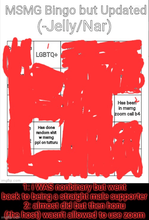 Damn i couldn't do a swastika bc i'd be lying | 1: i WAS nonbinary but went back to being a straight male supporter
2: almost did but then honu (the host) wasn't allowed to use zoom | image tagged in msmg bingo | made w/ Imgflip meme maker