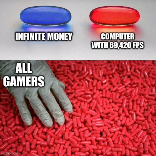 Blue or red pill | COMPUTER WITH 69,420 FPS; INFINITE MONEY; ALL GAMERS | image tagged in blue or red pill | made w/ Imgflip meme maker
