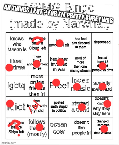 msmg bingo | AII THINGS I PUT ? FOR I'M PRETTY SURE I WAS | image tagged in msmg bingo | made w/ Imgflip meme maker