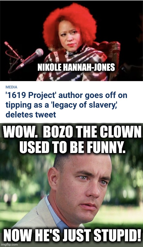 Democrats: everything is slavery -- all day, every day | NIKOLE HANNAH-JONES; WOW.  BOZO THE CLOWN
USED TO BE FUNNY. NOW HE'S JUST STUPID! | image tagged in memes,and just like that,nikole hannah-jones,1619 project,new york times,democrats | made w/ Imgflip meme maker