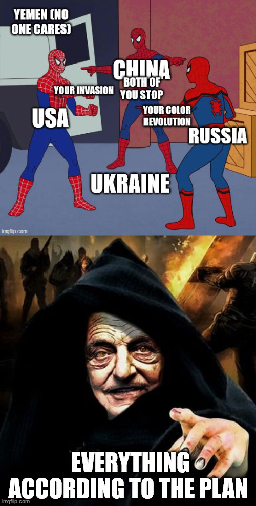 The complete world dictatorship is closer | EVERYTHING ACCORDING TO THE PLAN | image tagged in darth soros,spider man triple,new world order,globalism,ukraine | made w/ Imgflip meme maker
