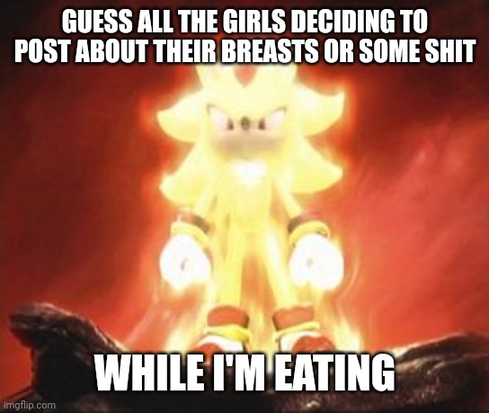 ._. | GUESS ALL THE GIRLS DECIDING TO POST ABOUT THEIR BREASTS OR SOME SHIT; WHILE I'M EATING | image tagged in super shadow | made w/ Imgflip meme maker
