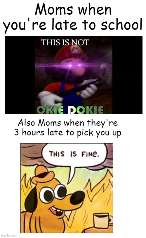 *Blank Title* | Moms when you're late to school; Also Moms when they're 3 hours late to pick you up | image tagged in plain white tall,school,this is not okie dokie,this is fine,funny,memes | made w/ Imgflip meme maker