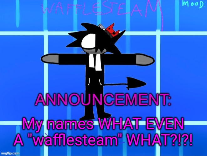 Things I hate about myself part 4 | My names WHAT EVEN A "wafflesteam" WHAT?!?! | image tagged in wafflesteam s temp or whatever | made w/ Imgflip meme maker