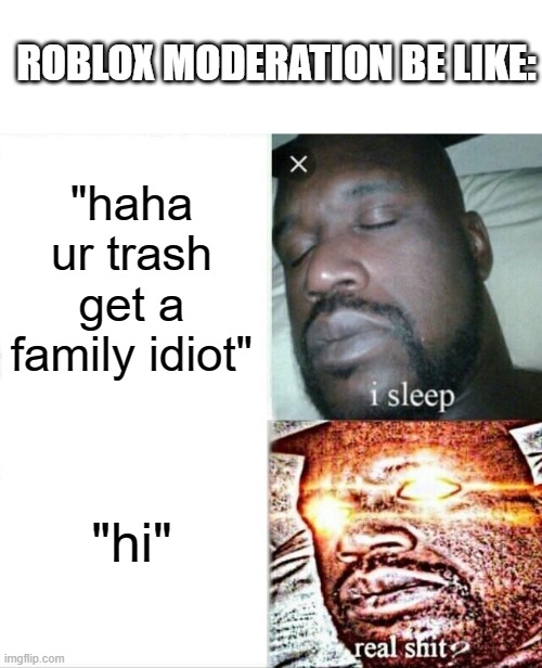 Roblox moderation sucks my guy. | ROBLOX MODERATION BE LIKE:; "haha ur trash get a family idiot"; "hi" | image tagged in memes,sleeping shaq | made w/ Imgflip meme maker
