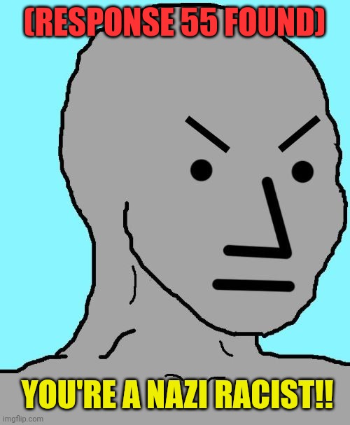 NPC meme angry | (RESPONSE 55 FOUND) YOU'RE A NAZI RACIST!! | image tagged in npc meme angry | made w/ Imgflip meme maker