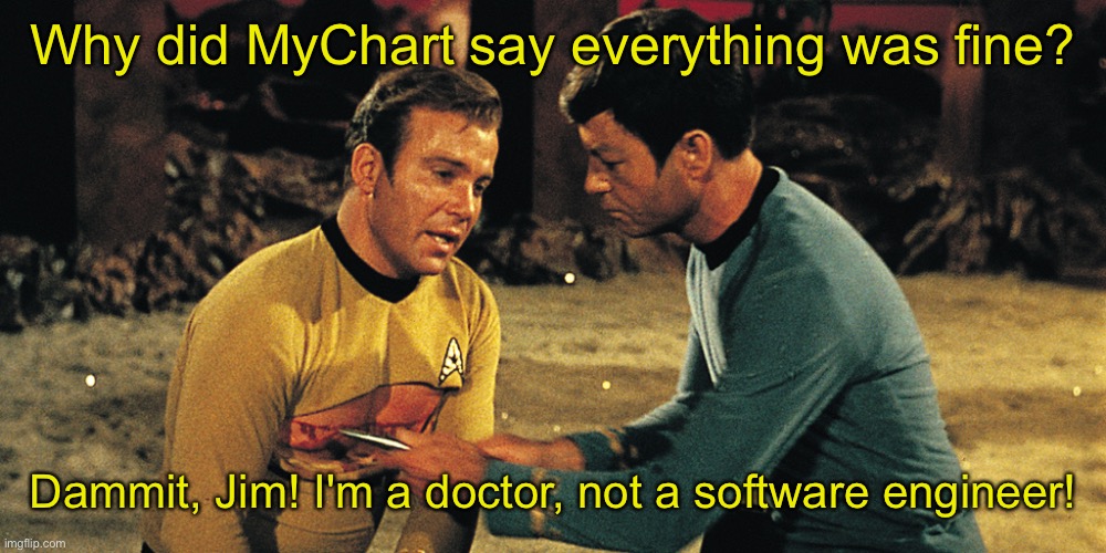 KIRK AND BONES AND RIPPED SHIRT | Why did MyChart say everything was fine? Dammit, Jim! I'm a doctor, not a software engineer! | image tagged in kirk and bones and ripped shirt | made w/ Imgflip meme maker