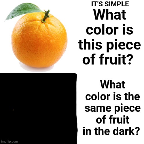 Q)  If A Tree Falls In The Forest, And No One Hears It, Does It Make A Sound?  A)  No. | IT'S SIMPLE; What color is this piece of fruit? What color is the same piece of fruit in the dark? | image tagged in memes,expanding brain,yeah this is big brain time,riddles and brainteasers,perception,science | made w/ Imgflip meme maker
