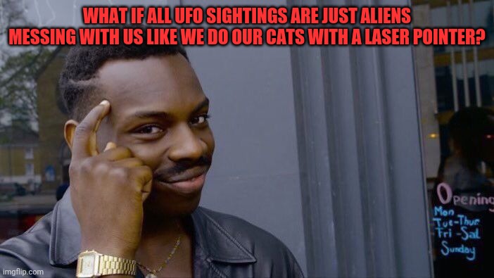 Aliens have a sense of humor? | WHAT IF ALL UFO SIGHTINGS ARE JUST ALIENS MESSING WITH US LIKE WE DO OUR CATS WITH A LASER POINTER? | image tagged in memes,roll safe think about it,cats,aliens,lasers,ufo | made w/ Imgflip meme maker