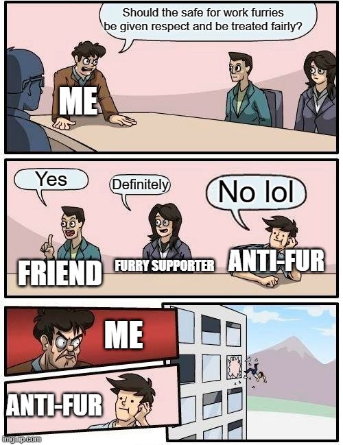 Ok I know this isn't a crusader meme, this is more me asking for permission to roam the holy land | Should the safe for work furries be given respect and be treated fairly? ME; Yes; Definitely; No lol; ANTI-FUR; FURRY SUPPORTER; FRIEND; ME; ANTI-FUR | image tagged in memes,boardroom meeting suggestion | made w/ Imgflip meme maker