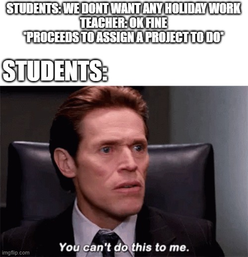 always that one teacher | STUDENTS: WE DONT WANT ANY HOLIDAY WORK
TEACHER: OK FINE *PROCEEDS TO ASSIGN A PROJECT TO DO*; STUDENTS: | image tagged in you can't do this to me | made w/ Imgflip meme maker