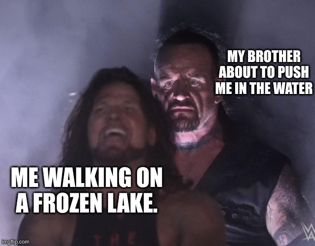 true story | MY BROTHER ABOUT TO PUSH ME IN THE WATER; ME WALKING ON A FROZEN LAKE. | image tagged in undertaker | made w/ Imgflip meme maker