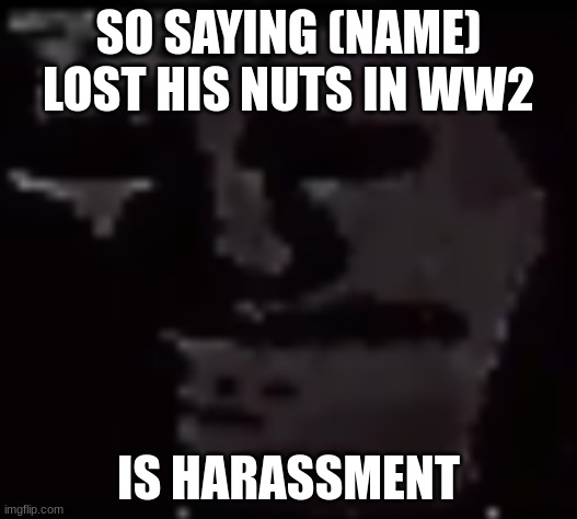 Trollge | SO SAYING (NAME) LOST HIS NUTS IN WW2; IS HARASSMENT | image tagged in trollge | made w/ Imgflip meme maker