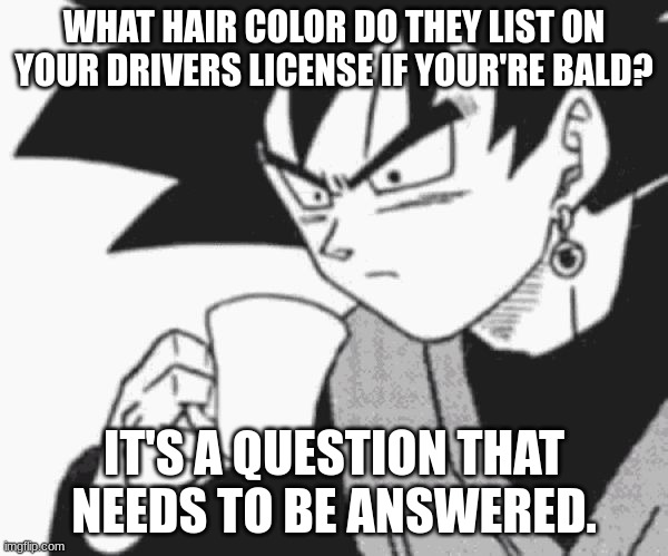i need answers | WHAT HAIR COLOR DO THEY LIST ON YOUR DRIVERS LICENSE IF YOUR'RE BALD? IT'S A QUESTION THAT NEEDS TO BE ANSWERED. | image tagged in goku black confused,dbz | made w/ Imgflip meme maker