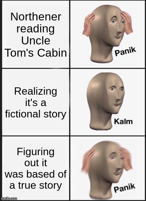 Cause of the civil war - north perspective | Northener reading Uncle Tom's Cabin; Realizing it's a fictional story; Figuring out it was based of a true story | image tagged in memes,panik kalm panik | made w/ Imgflip meme maker