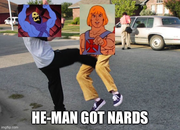He-Man got nards | HE-MAN GOT NARDS | image tagged in kick in balls,heman,skeletor | made w/ Imgflip meme maker
