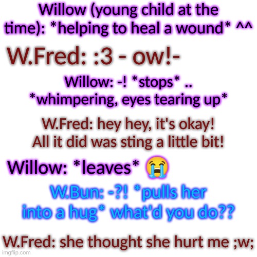 poor Will thought she hurt her father- | Willow (young child at the time): *helping to heal a wound* ^^; W.Fred: :3 - ow!-; Willow: -! *stops* .. *whimpering, eyes tearing up*; W.Fred: hey hey, it's okay! All it did was sting a little bit! Willow: *leaves* 😭; W.Bun: -?! *pulls her into a hug* what'd you do?? W.Fred: she thought she hurt me ;w; | image tagged in blank transparent square | made w/ Imgflip meme maker