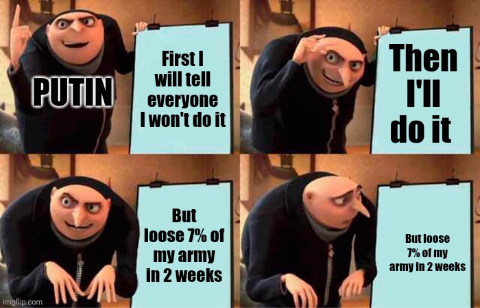 Putins plan for Ukraine | First I will tell everyone I won't do it; Then I'll do it; PUTIN; But loose 7% of my army in 2 weeks; But loose 7% of my army in 2 weeks | image tagged in memes,gru's plan | made w/ Imgflip meme maker