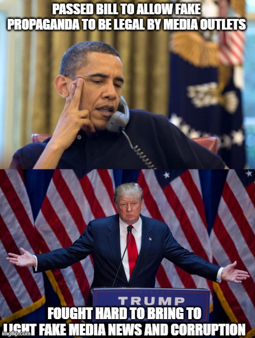PASSED BILL TO ALLOW FAKE PROPAGANDA TO BE LEGAL BY MEDIA OUTLETS FOUGHT HARD TO BRING TO LIGHT FAKE MEDIA NEWS AND CORRUPTION | image tagged in memes,no i can't obama,donald trump | made w/ Imgflip meme maker