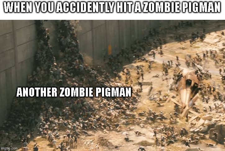 Minecraft: You hit a pigman | WHEN YOU ACCIDENTLY HIT A ZOMBIE PIGMAN; ANOTHER ZOMBIE PIGMAN | image tagged in world war z horde,minecraft,fun,pigman,netherite | made w/ Imgflip meme maker