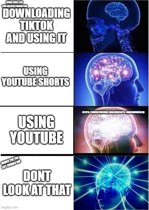DOWNLOADING TIKTOK AND USING IT USING YOUTUBE SHORTS USING YOUTUBE DONT LOOK AT THAT WHATS THE TOP LEFT CORNER SAY WHAT DOES THE 2ND BIGGEST | image tagged in memes,expanding brain | made w/ Imgflip meme maker
