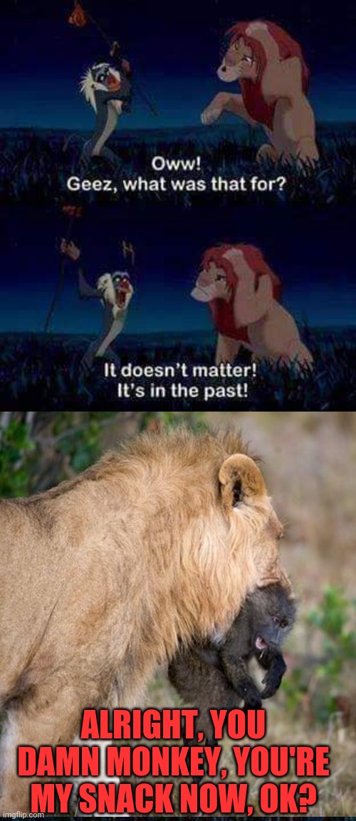 Baboon sandwich | ALRIGHT, YOU DAMN MONKEY, YOU'RE MY SNACK NOW, OK? | image tagged in lion king,mufasa,simba | made w/ Imgflip meme maker