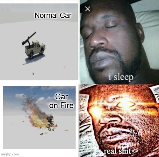 Teardown | Normal Car; Car on Fire | image tagged in memes,sleeping shaq | made w/ Imgflip meme maker