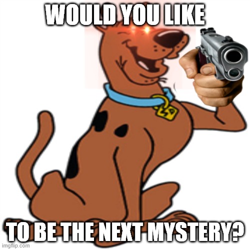 bruh | WOULD YOU LIKE; TO BE THE NEXT MYSTERY? | image tagged in scooby doo | made w/ Imgflip meme maker