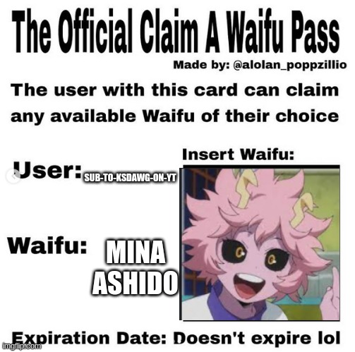 Official claim a waifu pass | SUB-TO-KSDAWG-ON-YT; MINA ASHIDO | image tagged in official claim a waifu pass | made w/ Imgflip meme maker