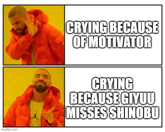 No - Yes | CRYING BECAUSE OF MOTIVATOR; CRYING BECAUSE GIYUU MISSES SHINOBU | image tagged in no - yes | made w/ Imgflip meme maker