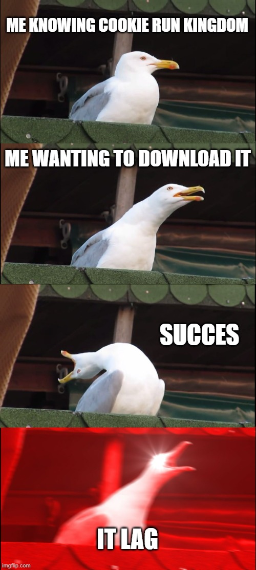 THE PAIN | ME KNOWING COOKIE RUN KINGDOM; ME WANTING TO DOWNLOAD IT; SUCCES; IT LAG | image tagged in memes,inhaling seagull | made w/ Imgflip meme maker
