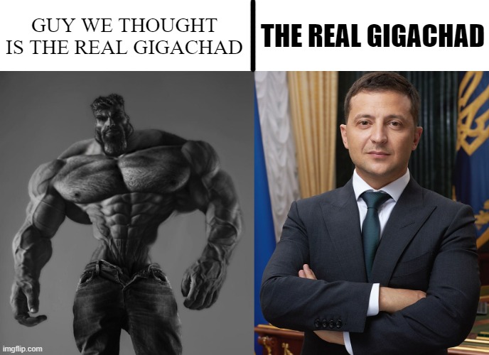 our school will never teach us | GUY WE THOUGHT IS THE REAL GIGACHAD; THE REAL GIGACHAD | image tagged in gigachad,volodymyr zelensky | made w/ Imgflip meme maker