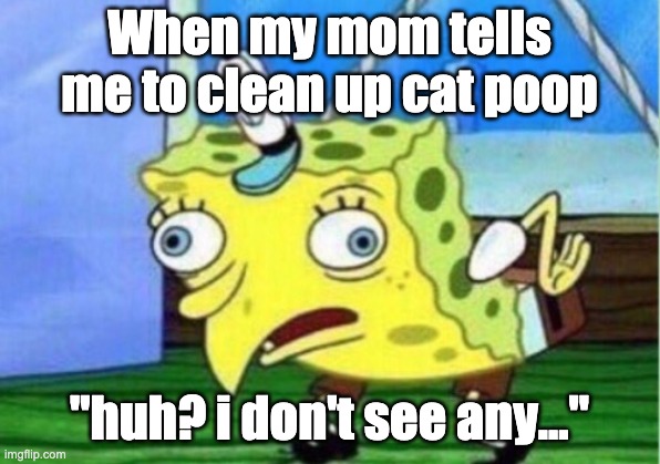When ur mom sees a cat poop | When my mom tells me to clean up cat poop; "huh? i don't see any..." | image tagged in memes,mocking spongebob,cats,poop,cleaning,funny | made w/ Imgflip meme maker