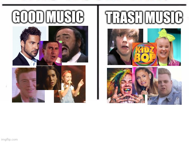 Good Music vs Trash Music 2 (inspired by DaneliyaTuleshovaisNotAwesome) | TRASH MUSIC; GOOD MUSIC | image tagged in comparison table,david bisbal,pavarotti,nicu de la cazanesti,jb sucks,memes | made w/ Imgflip meme maker