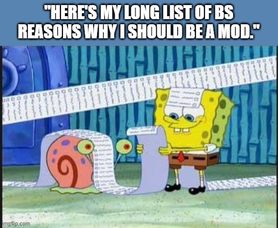 Really long list | "HERE'S MY LONG LIST OF BS REASONS WHY I SHOULD BE A MOD." | image tagged in really long list | made w/ Imgflip meme maker