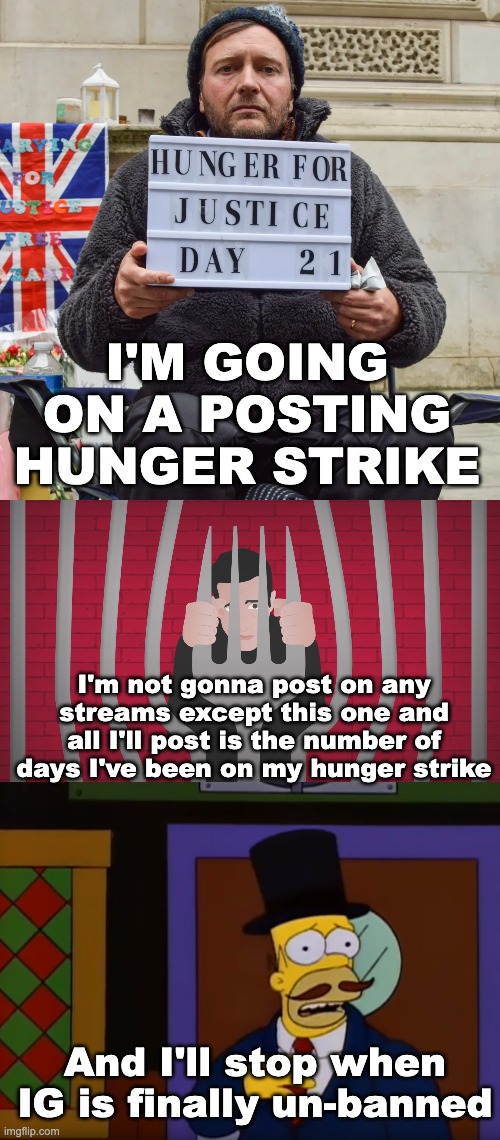 Don't expect anyone to care but this feels very unfair to IG so I'll go on strike. I'll still be able to comment, just not post. | I'M GOING ON A POSTING HUNGER STRIKE; I'm not gonna post on any streams except this one and all I'll post is the number of days I've been on my hunger strike; And I'll stop when IG is finally un-banned | image tagged in guy incognito,memes,unfunny,we dont care | made w/ Imgflip meme maker